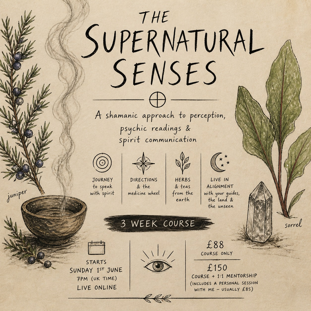 The Supernatural Senses course — a 3-week shamanic approach to perception, psychic readings and spirit communication. Starts Sunday 1st June, 7pm UK time, live online.