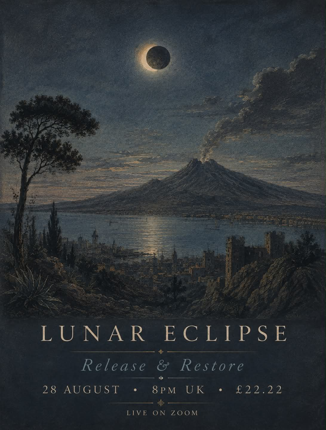 Lunar Eclipse: Release & Restore, a live online group healing with Jasmine Greenfield on Friday 28 August 2026.