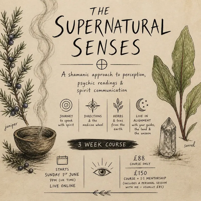 The Supernatural Senses: a shamanic approach to perception, psychic readings and spirit communication. Poster for Jasmine Greenfield's three-week live online course.