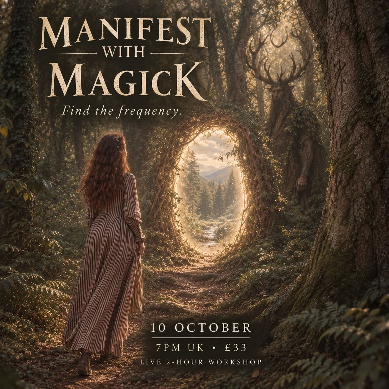 Manifest With Magick: Find the frequency. A two-hour live workshop in frequency, intention and sigil magick with Jasmine Greenfield, Saturday 10 October 2026, 7pm UK, live on Zoom.