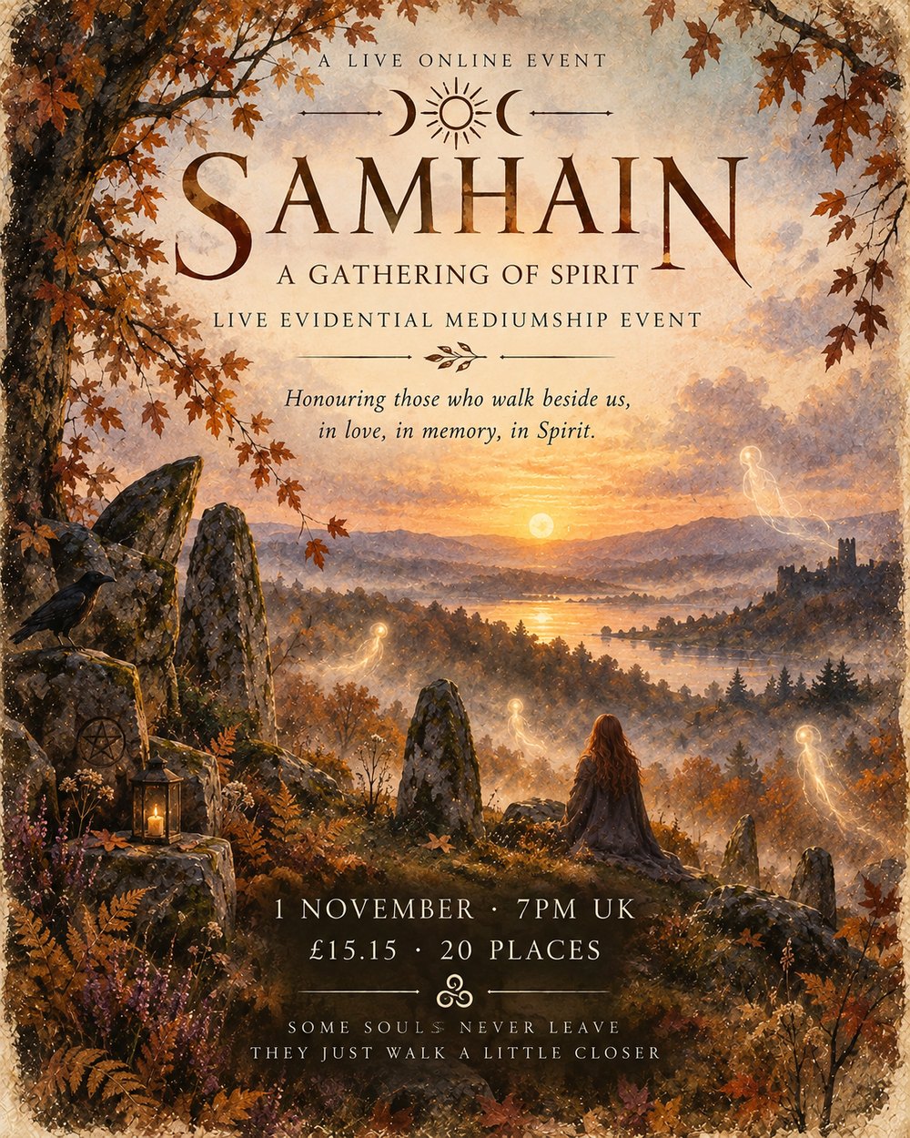 Samhain: A Gathering of Spirit. Live evidential mediumship event with Jasmine Greenfield, Sunday 1 November 2026, 7pm UK, live via Zoom, 20 places.